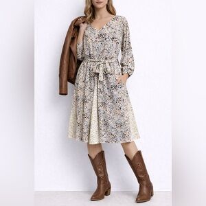 DAVI & DANI Long Sleeve Patterned Dress - Black, Cream, Tan